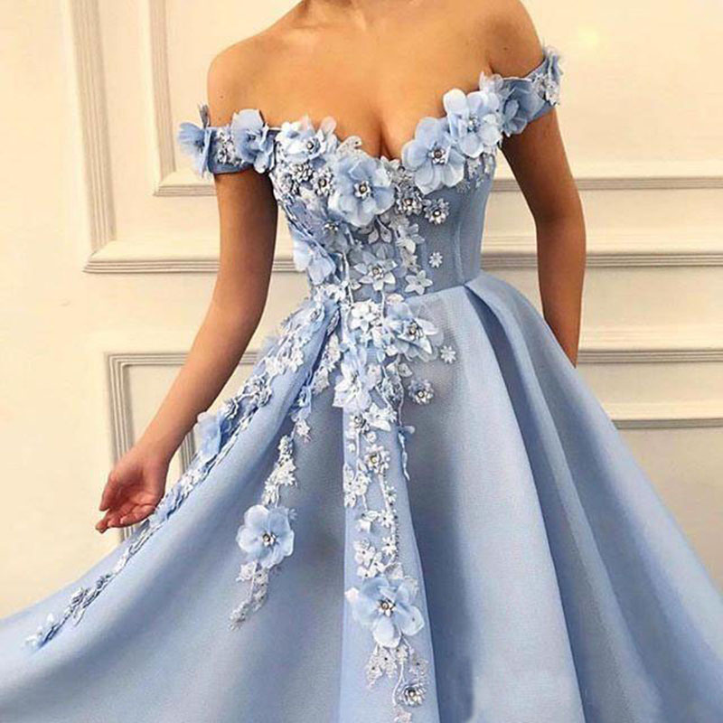 2019 Elegant Off The Shoulder Evening Dresses 3D Flora Appliques Beaded Light Sky Blue Dubai Style Prom Dresses Occasion Dresses
