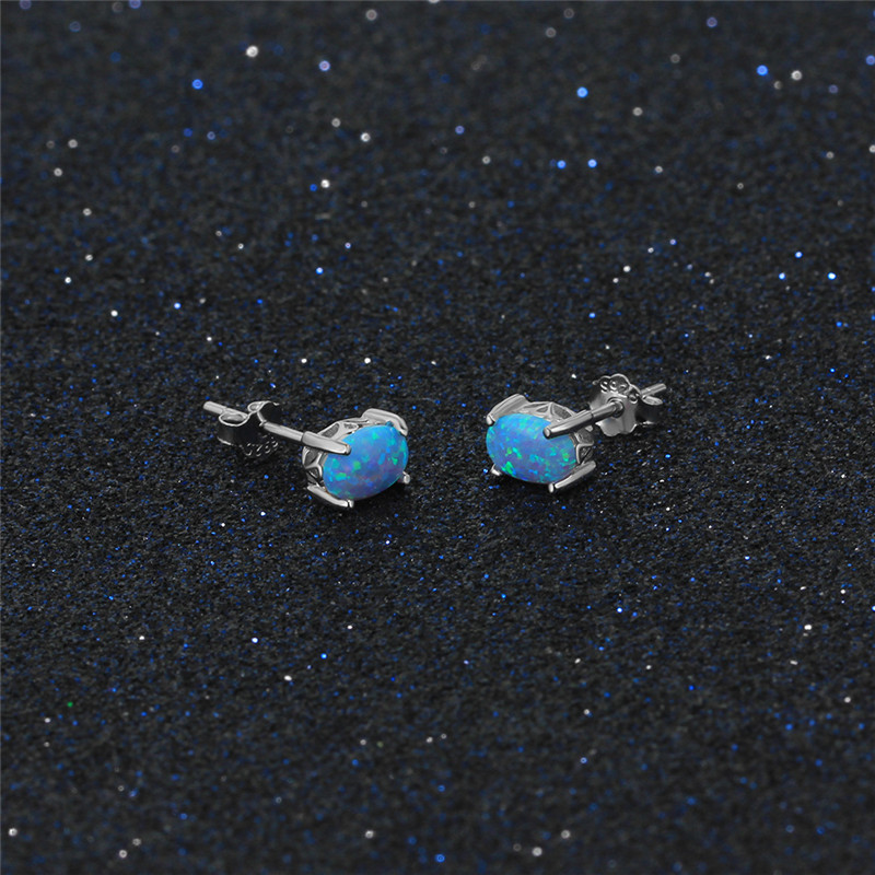 100% 925 Sterling Silver Stud Earrings New Fashion 4mm Oval Blue Fire Opal Earrings Fine Jewelry For Women