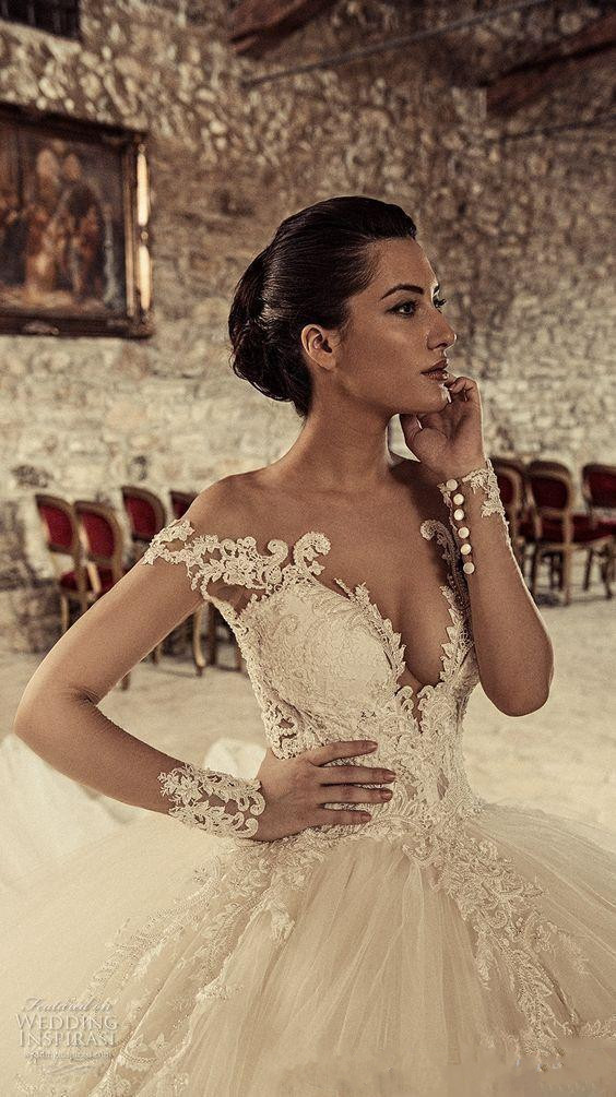 glamorous lace ball gown wedding dresses long sleeve sheer deep v neck bridal gowns vintage chapel vestido wedding dress