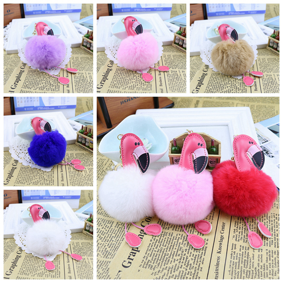 

Cute Fluffy Pompom Flamingo Keychain Women Faux Rabbit Fur Ball Pompon Key Chain Car Bag Pom Pom Key Rey Ring Holder Party Gifts RRA2829-5, As pic