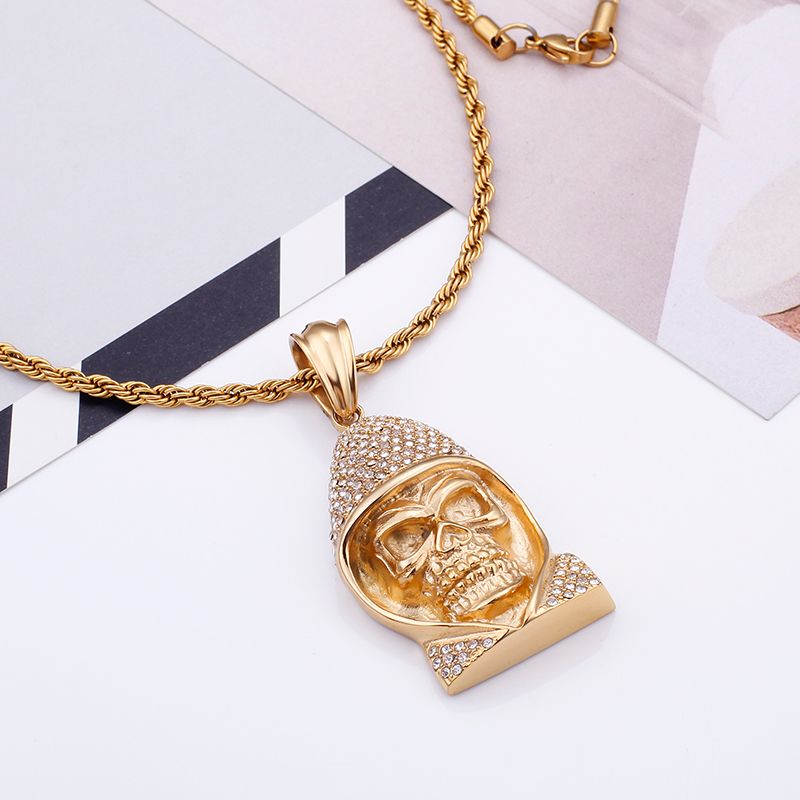 Vitage Exaggeration Skeleton Pendants Necklace Men's Hip Hop 316L Stainless Steel Cubic Zirconia Setting 18K Gold Plated Jewelry