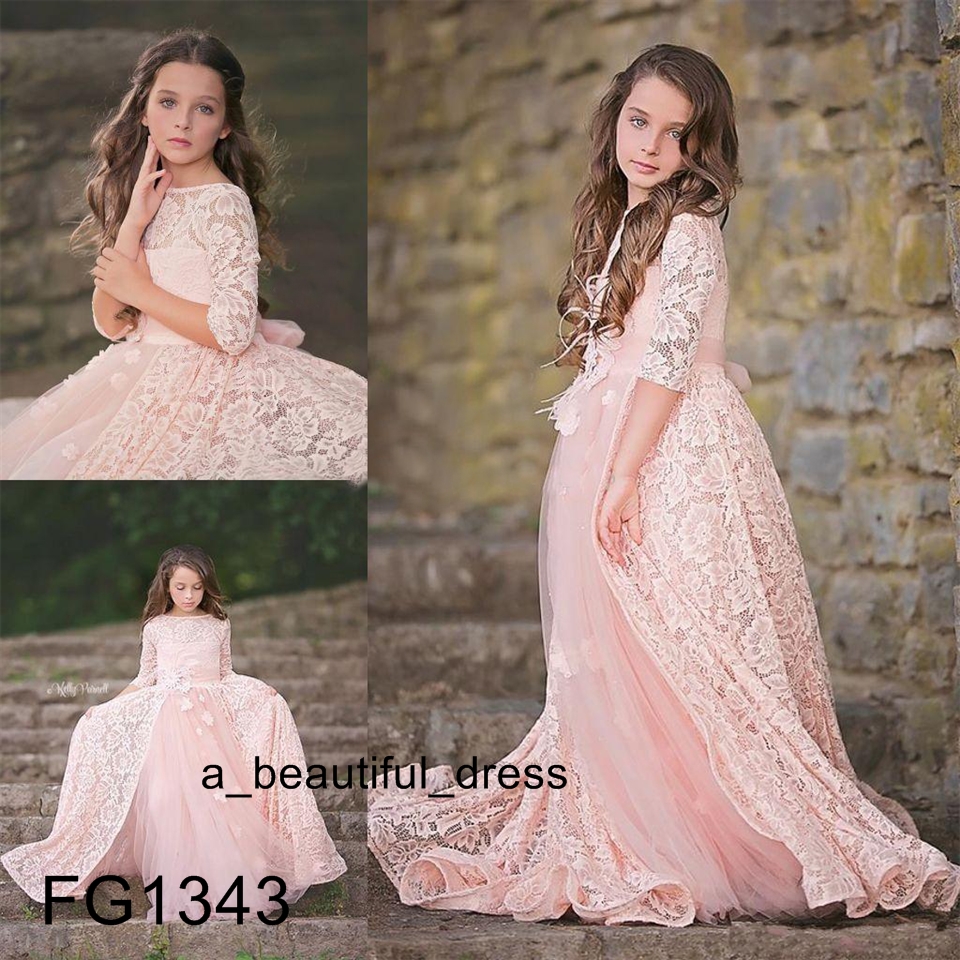 $59.95/PC Free Shipping Any Size Color Lace Flower Girl' Dresses Lace Kids Formal Wear Long Sleeves Sleeveless Floor Length Little Girls