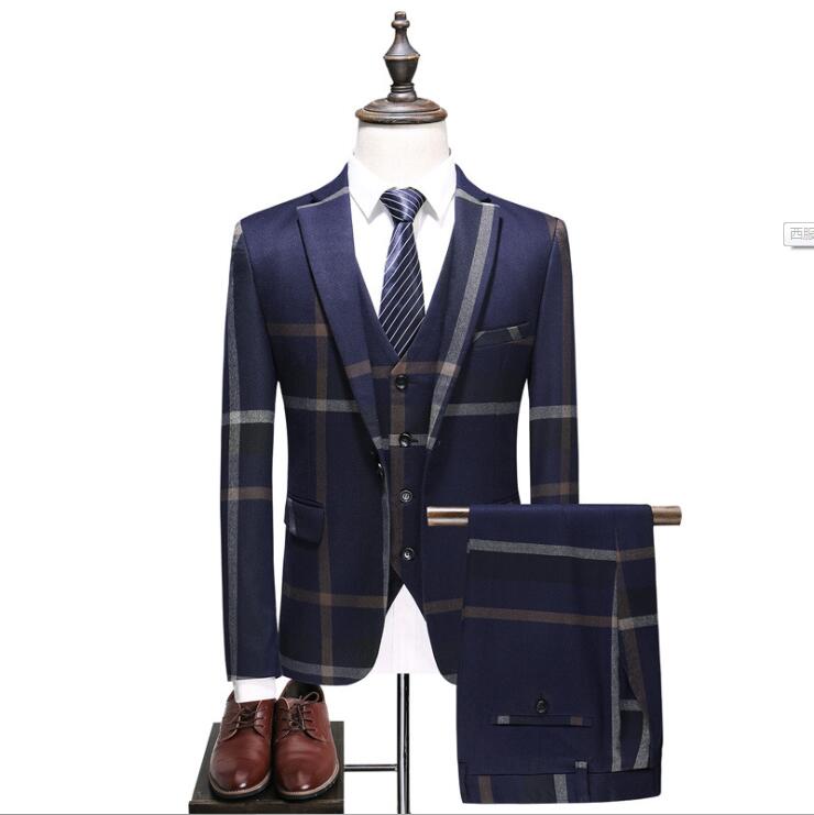 grey mens vintage plaid suits british style slim notch lapel groom party tuxedo wedding tuxedos formal prom suit jacketpantsvest