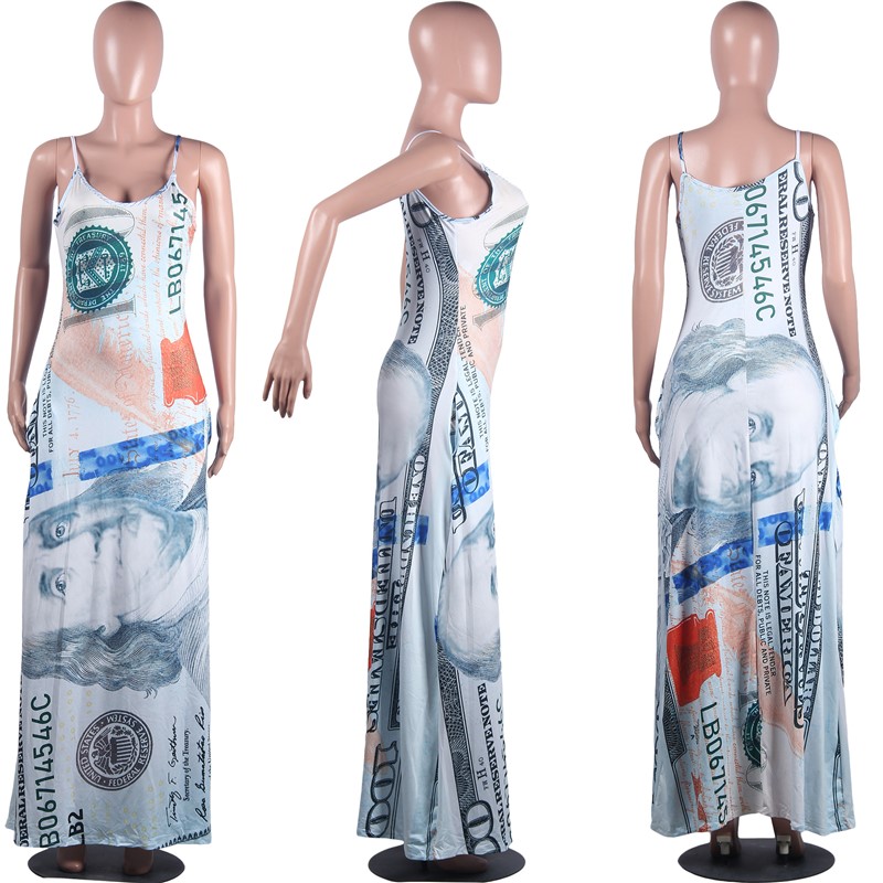 Summer Women dollars print maxi dress trendy long loose one-piece dress fashion grey one-piece skirt casual loose long slip dress 3312