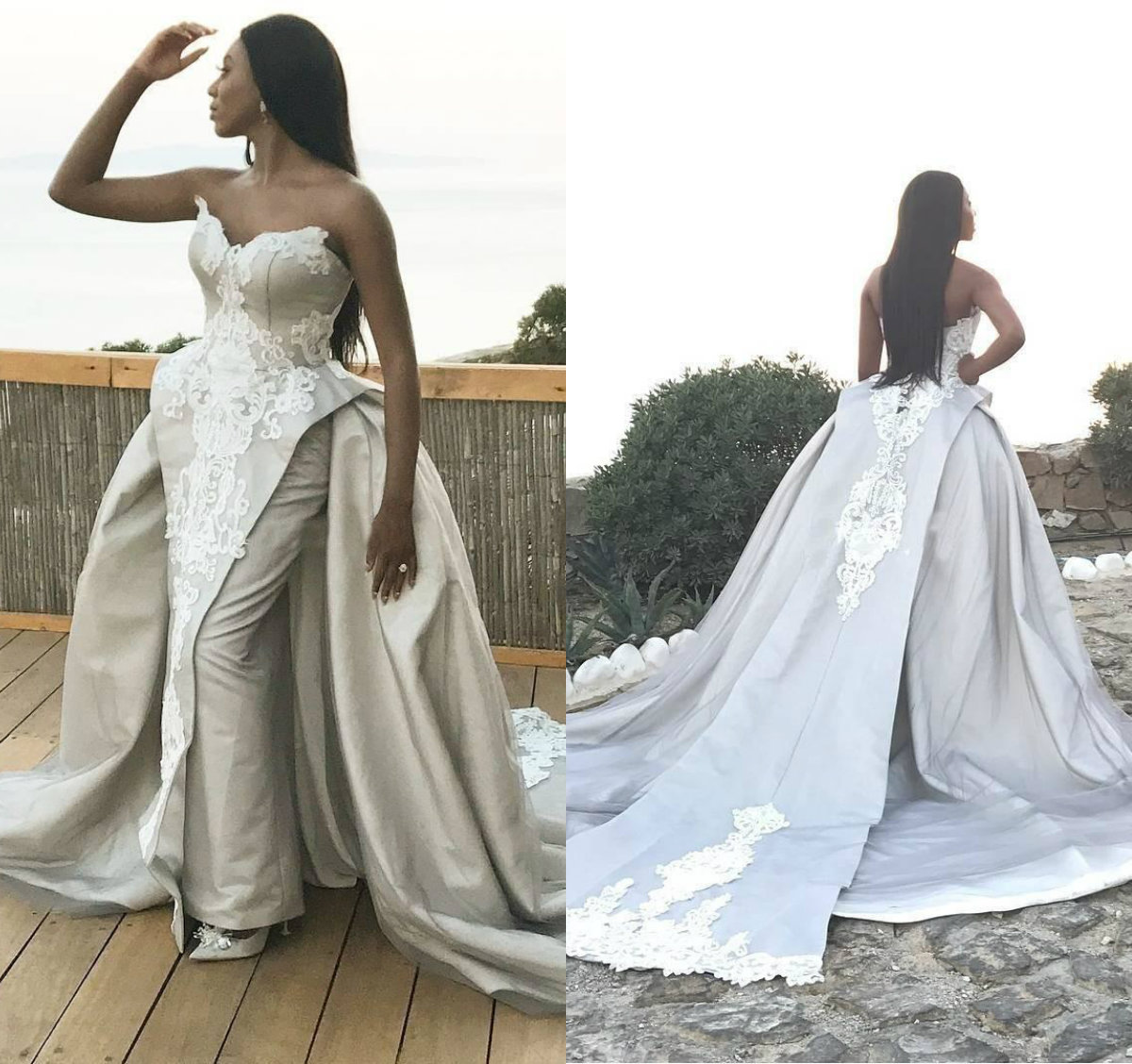 Plus Size Silver Evening Dresses With Overskirt Applique Satin Chapel Train Mermaid Prom Dress Dubai Arabic Formal Party Gowns Custom