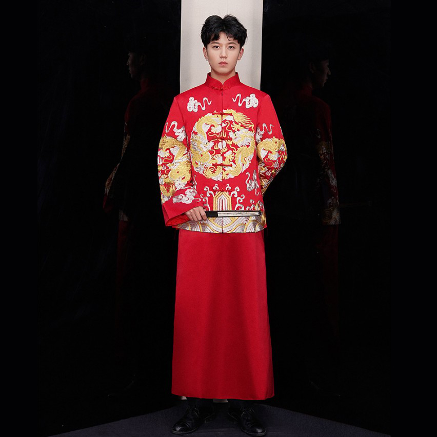 New arrival male cheongsam Chinese style costume the groom dress jacket long gown traditional Chinese wedding dress men ethnic clothing