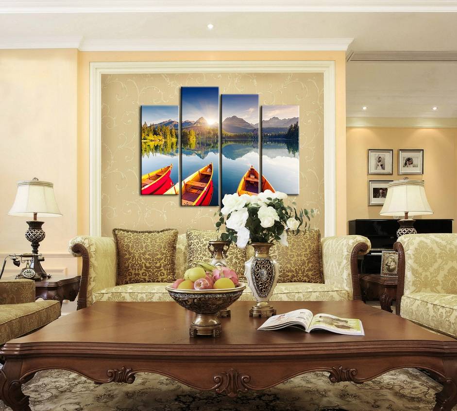 4pcs/set Unframed Lake Scenery Boats and Sunrise Print On Canvas Wall Art Picture For Home and Living Room Decor