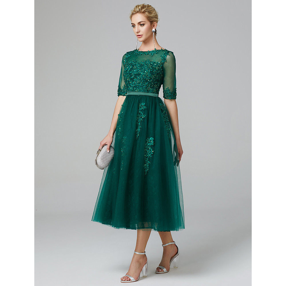 Olive Green Tea Length Mother Of the Bride Dress Half Sleeves For Wedding Party Guest Dresses Formal Evening Gowns