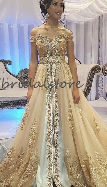 Glamorous Gold Evening Dresses 2024 Off Shoulder Abayas Muslim Moroccan Prom Dresses Beaded Appliques Lace Dubai Kosovo Formal Birthday Dress Robe De 
