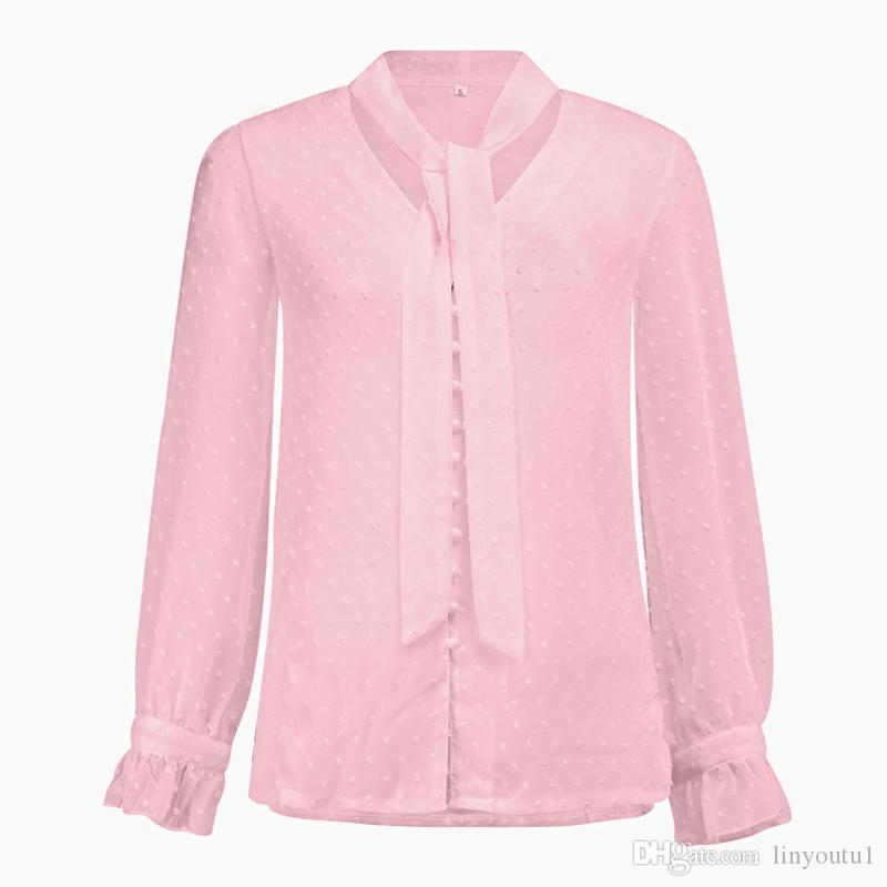 2020 Chiffon Blouses Women 2019 Autumn Fashion Long Sleeve V-neck Pink Shirt Office Blouse Slim Casual Tops Female Plus Size