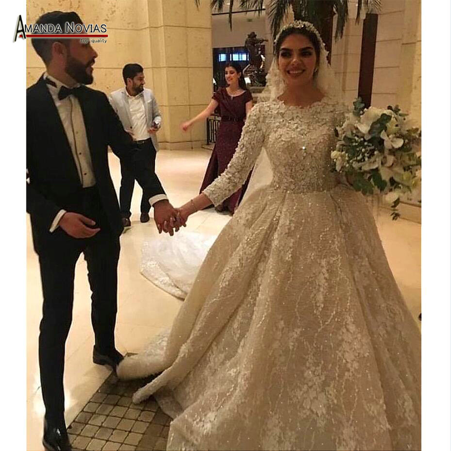 Chamagne D wers Ball Wedding Dresses Muslim Long Sleeves Open Back Plus Size Bridal Gown Real Pictures BC
