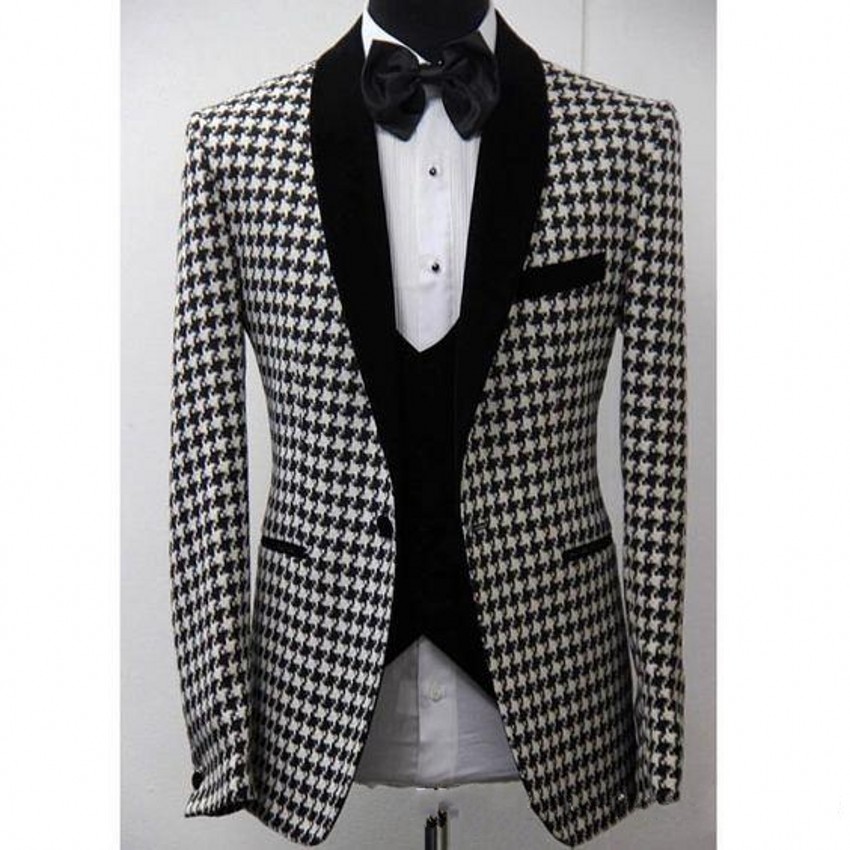 Houndstooth Groom Tuxedos Black Lapel Groomsman Wedding Tuxedos Popular Men Formal Business Prom Dinner 3 Piece Suit(Jacket+Pants+Tie+Vest)8