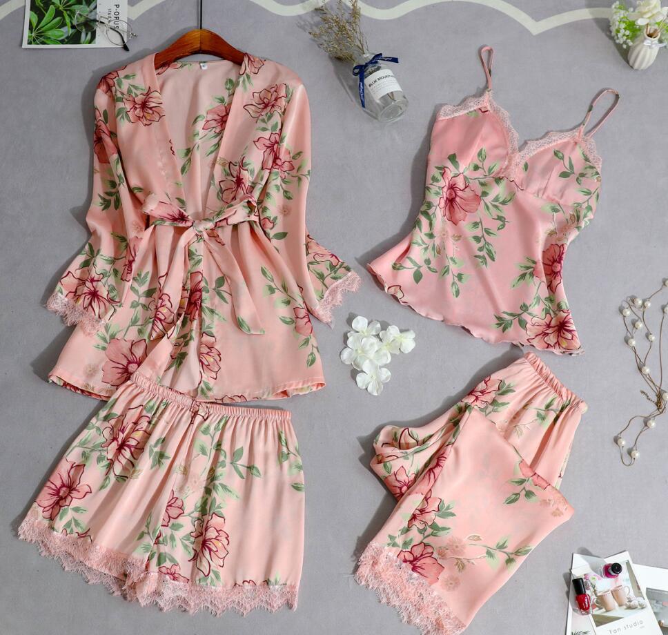 Autumn Women Pamas Sets Sleep Comfort Satin Sleepwear Lace Silk 5 Pieces Camisole+Robe+Pants Pyjama Femme Home Suit