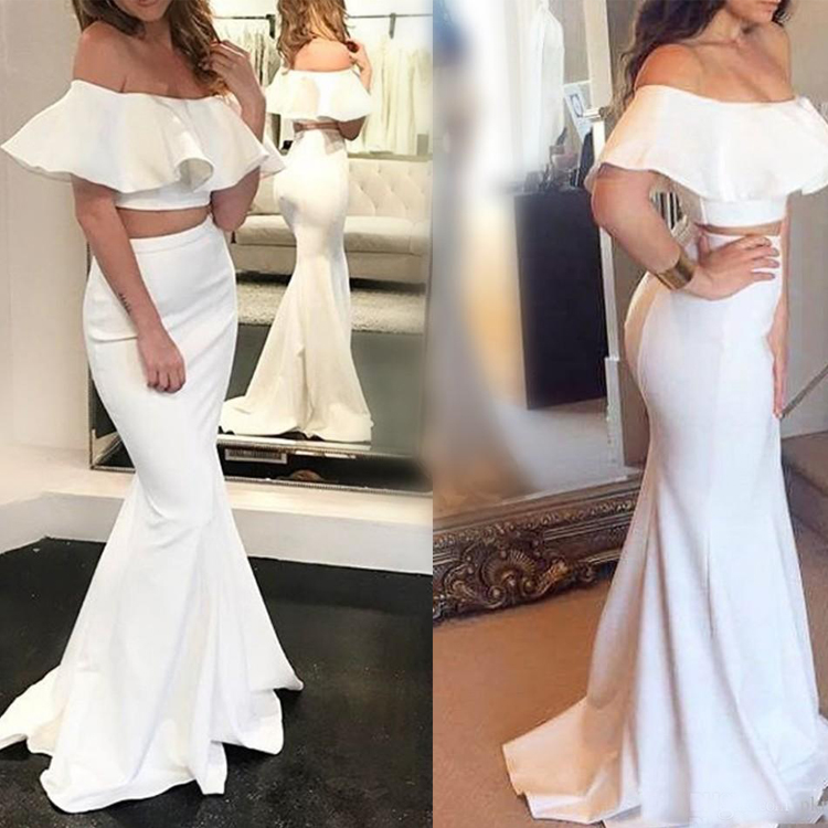 New White Two Pieces Sexy Bateau Mermaid Prom Dresses Plus Size Satin Evening Gowns Simple Floor Length Party Dresses