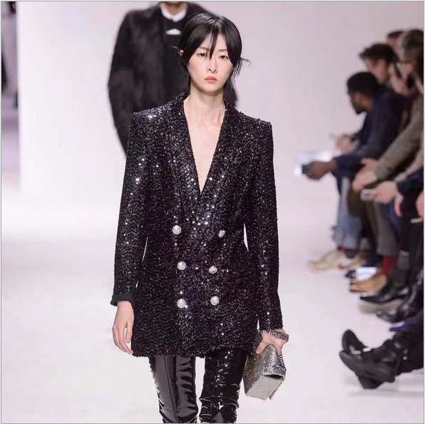 Hot Personality Style New Top Quality Original Design Women's Double-Breasted Metal Buckle Coat Blazer Slim Lurex Sequins Long Jacket, Black
Hot Personality Style New Top Quality Original Design Women's Double-Breasted Metal Buckle Coat Blazer Slim Lurex Sequins Long Jacket, Black