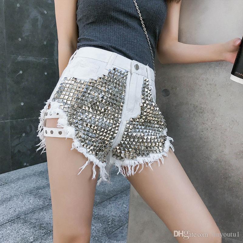 2020 Rivet beading denim shorts female high waist hollow cut hole denim shorts with strap street style hot shorts