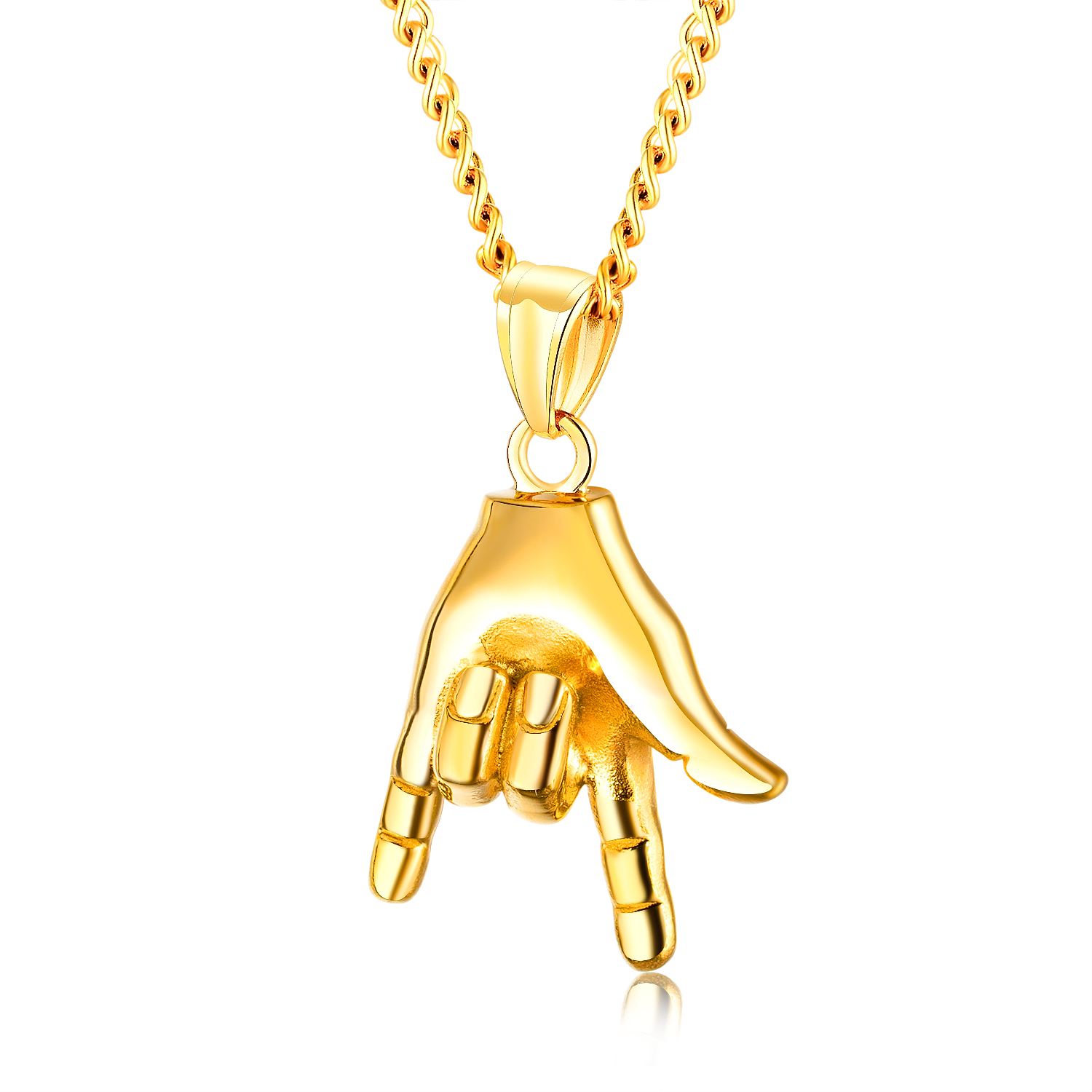 Mens I LOVE YOU Gesture 316L Stainless Steel Pendant Necklace 18K Gold Plated Charm Pendants Jewelry