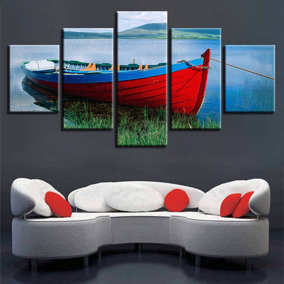 Printing Poster Modular Canvas Pictures Decor Home Living Room 5 Pieces Ship River Mountain Scenery Paintings (No Frame)