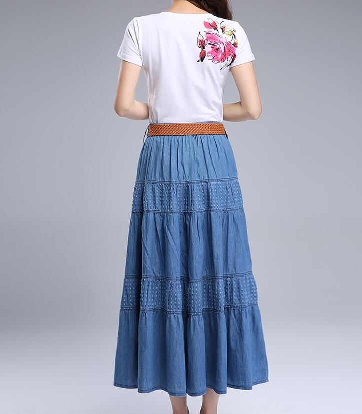 Women Summer Denim Skirts High Waist Plus Size Long Skirt Vintage Solid Color A-Line Jean Skirt With Belt 2019 Spring A5390 V191130