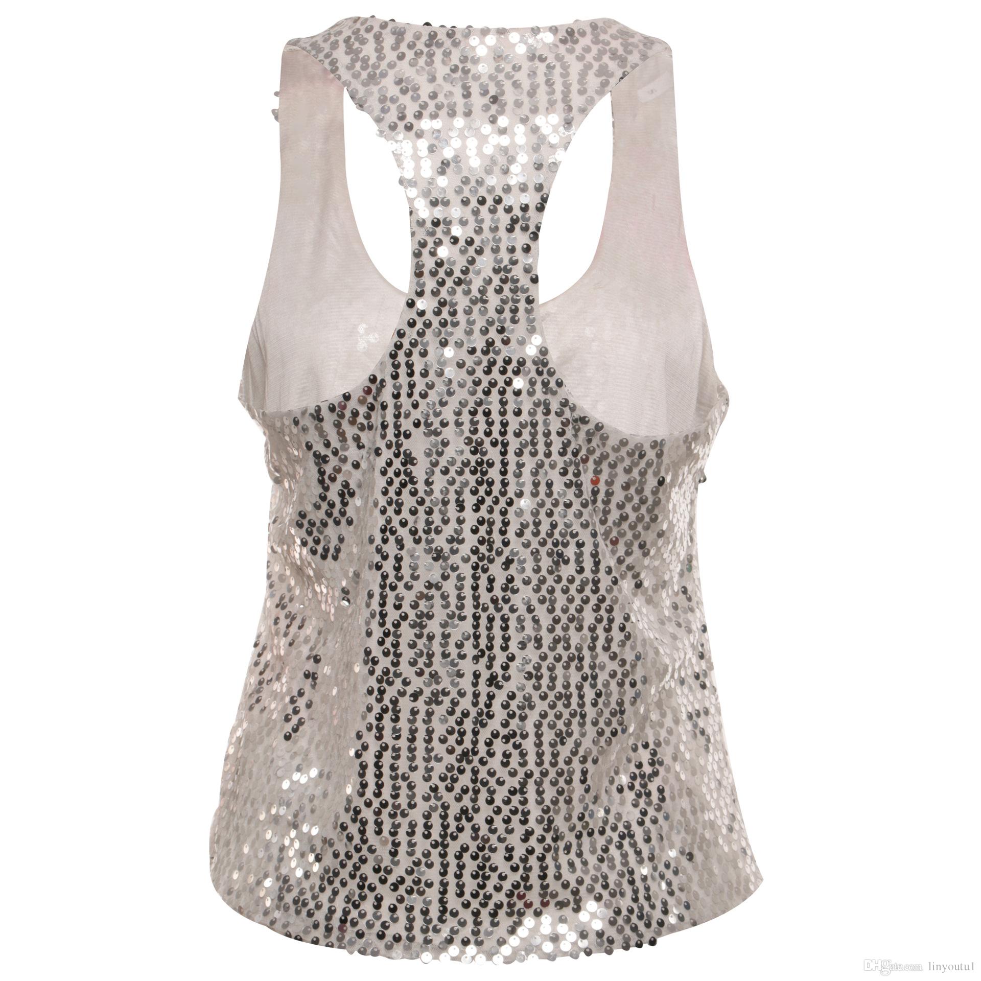 2020 Women Sexy Tops Glitter Strappy Sequined Tank Tops Party Vintage Gothic Sparkle Swing Vest women clothes