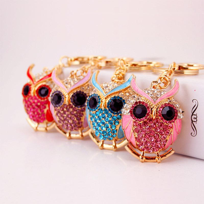 Crystal Rhinestone Key Ring Enamel Alloy Animal Owl Pendant Key Chains Lobster Clasp Keychain Handbag Accessories Car Keyrings Holder