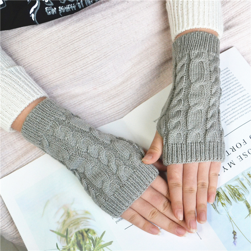 Autumn Winter Women Combing Fine Wool Cable Fingerless Gloves Thick Soft Knitted Woolen Arm Warmers Thumb-hole Arm Sleeve