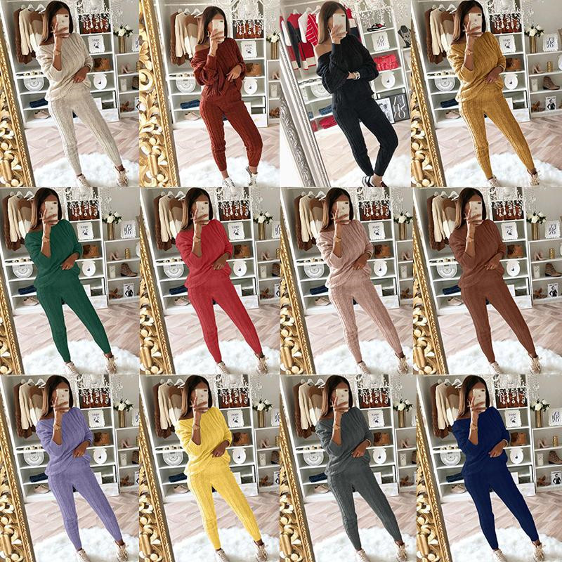 Plus size Winter Women sweater suit 2 piece set tracksuit pullover sweater top+woollen underpants casual solid color sweater suits 2130
