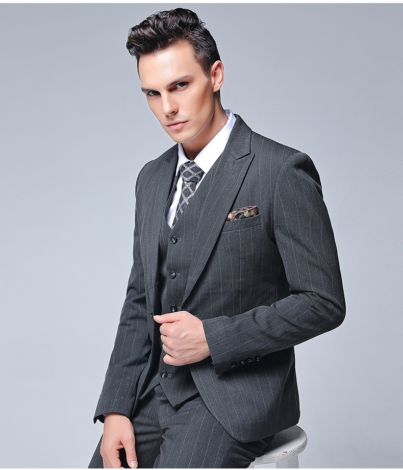 Piopular Grey Stripe Men Wedding Tuxedos Peak Lapel Slim Fit Groom Tuxedos Excellent Men Jachet Blazer 3 Piece Suit(Jacket+Pants+Tie+Vest)69
