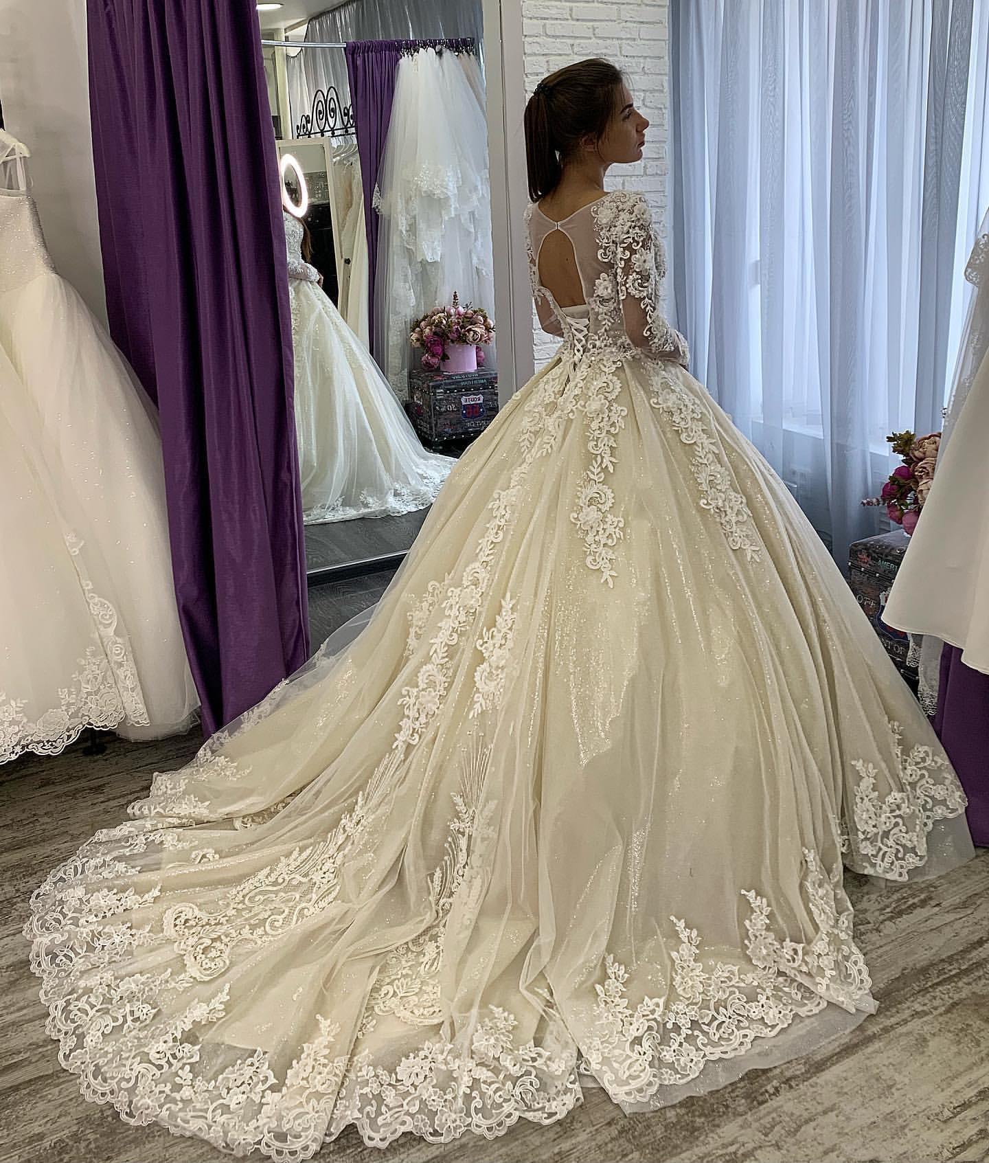 Chic Lace Applique Sweep Train Puffy Wedding Dresses A Line Long Sleeves Lace Up Sexy Back Bridal Wedding Gowns, Lavender
Chic Lace Applique Sweep Train Puffy Wedding Dresses A Line Long Sleeves Lace Up Sexy Back Bridal Wedding Gowns, Lavender