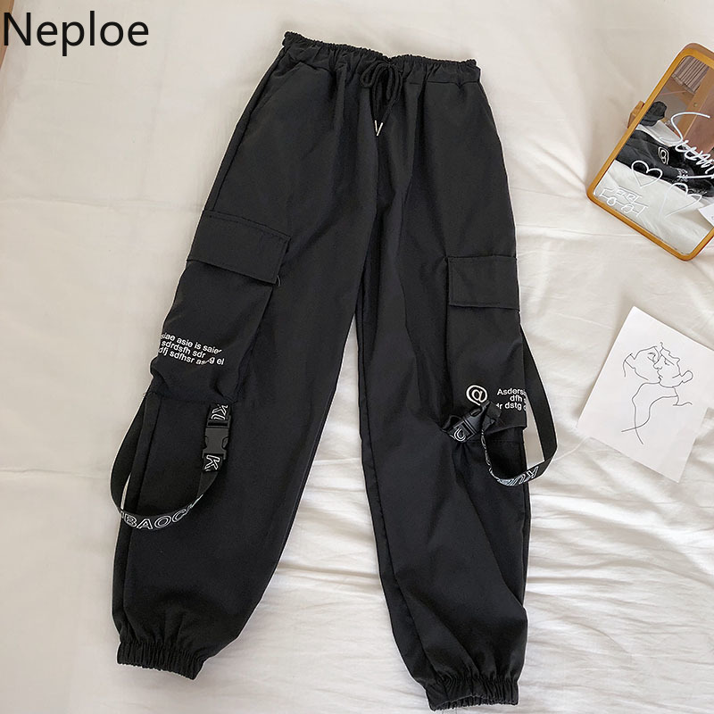 Neploe Hip Hop Streetwear Women Cargo Pants High Waist Pockets Ribbon Trousers Female Loose All Match 2019 New Fashion 90230