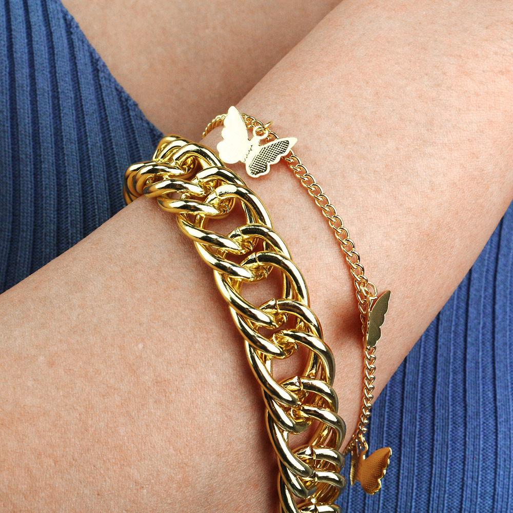 Stainless Steel Gold Plated Men Women Thick Bracelet Sunflower Butterfly Pendant Hand Chain Bracelet Fashion Accessories Gift Couple Bangle