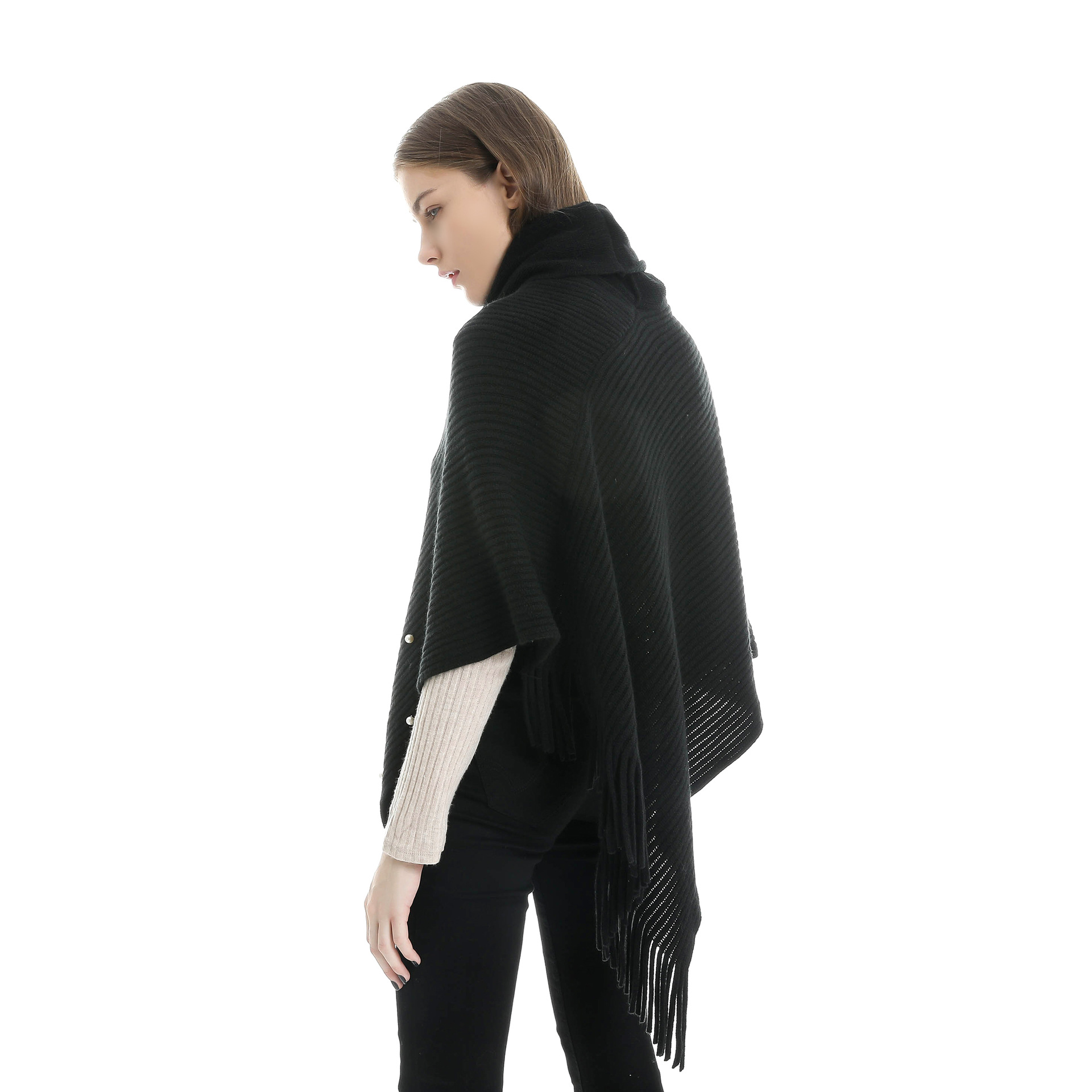 Women Pearl Tassel Turtleneck Pullovers Shawl Scarf Cashmere Warm High Collar Solid Color Big Cape Blanket Wraps Female