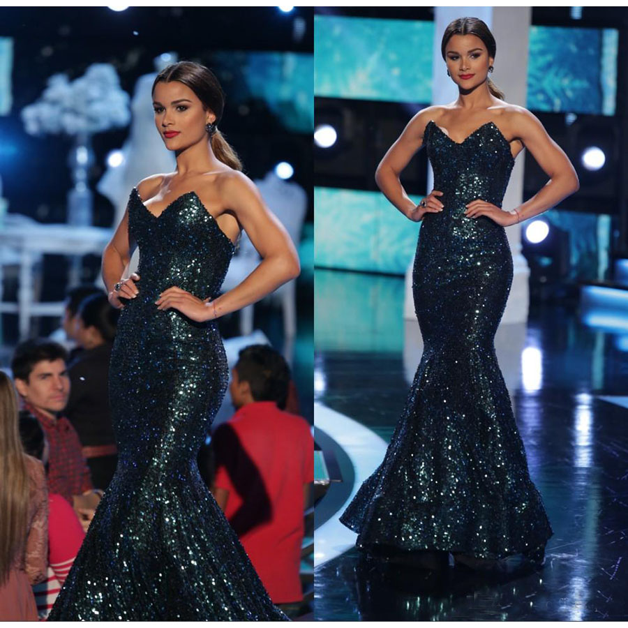 Stunning Hunter Green Sequined Celebrity Party Dresses Sweetheart Mermaid Sleeveless Evening Gowns Custom Made Prom Gowns