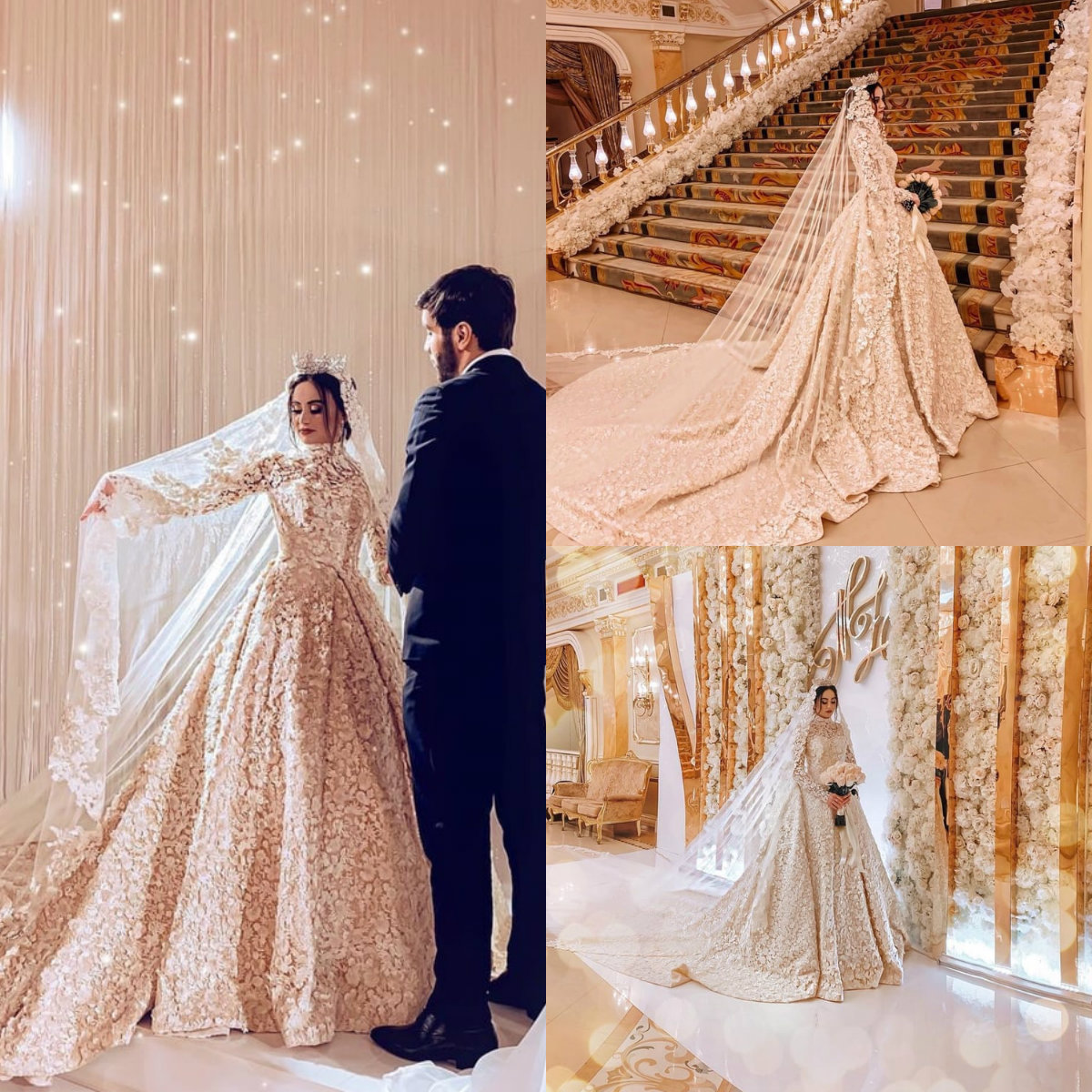 Luxurious Arabic Muslim Wedding Dresses 3D Floral Flowers High Neck Sweep Train Long Sleeve Bridal Gowns Conservative Wedding Dress