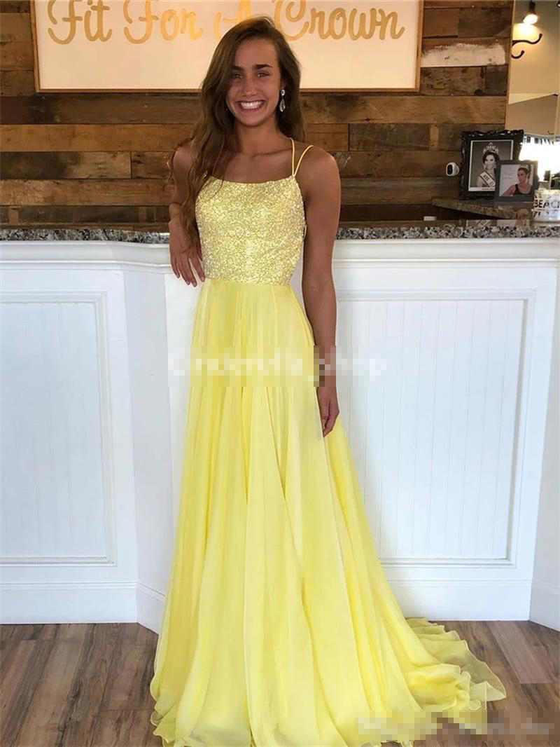 Yellow Sexy Backless Evening Dresses Chiffon Criss Cross Straps A E Sweep Train Sequins Custom Made Prom Party Gowns Plus Size