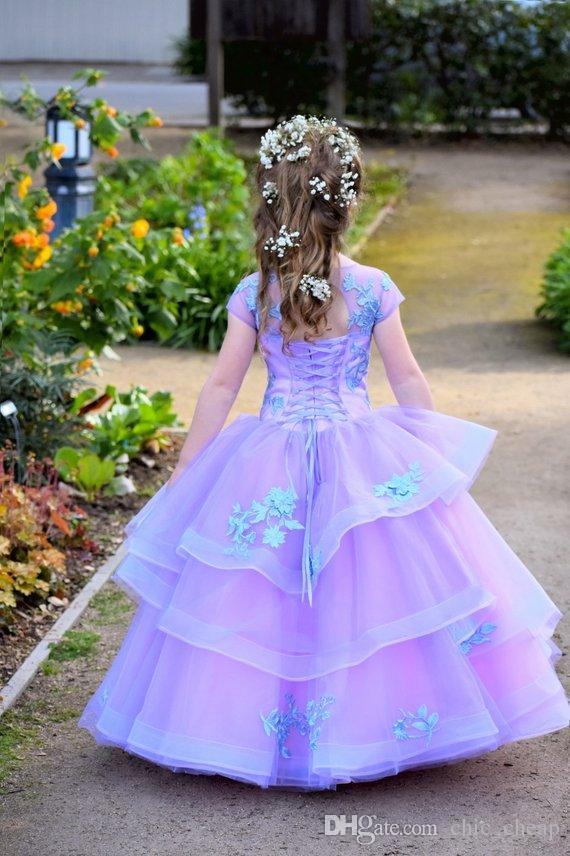 Purple Flower Girl Dresses Jewel Neck Tiered Skirts Floor Length Short Sleeves A Line Girls Pageant Dress Custom Made Kids Formal Dress