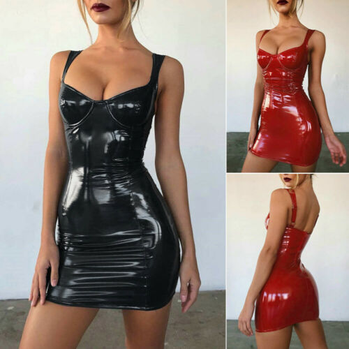 Womens Ladies Cocktail Party PVC PU Leather Bodycon Clubwear Mini Pencli Dress