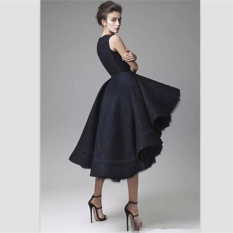 Knee Length Hi-Lo Short Black Cocktail Dresses Cap Sleeve Custom Made Hand Made Flowers Evening Gowns Arabic Prom Party Dress
