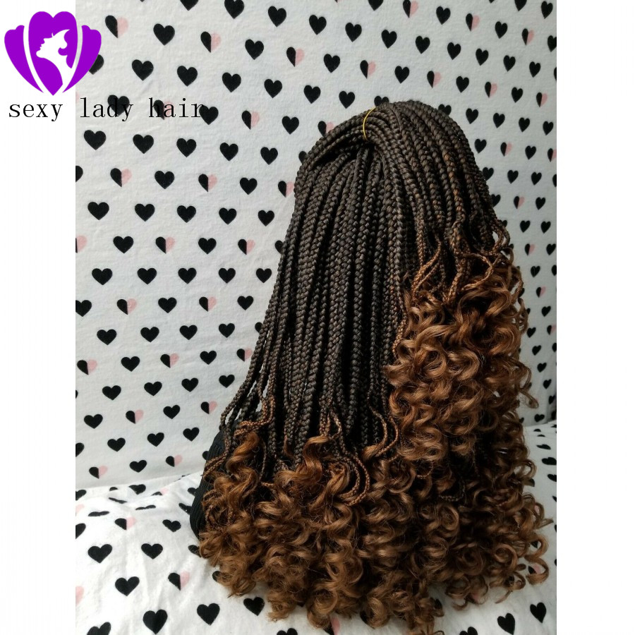Fashion black women braid style 1/30 ombre brown Braided Wig middle part Box Braids Swiss Lace Front Wig With Curly Ends
