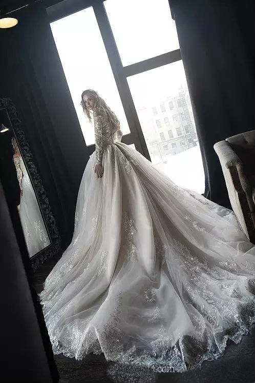 2019 New Beach Wedding Dresses Off Shoulder Long Sleeve Tulle robe de mariée Lace Applique Sequined Bridal Gowns Plus Size Wedding Dress