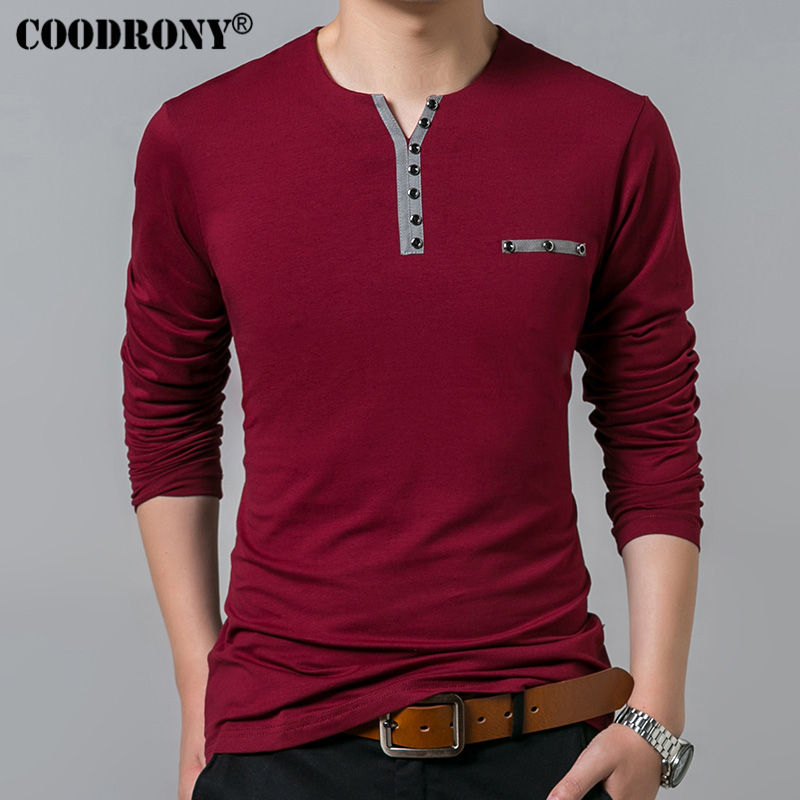 COODRONY Cotton T Shirt Men 2019 Spring Autumn New Long Sleeve T-Shirt Men Henry Collar Tee Shirt Men Fashion Casual Tops 7617 CX200703