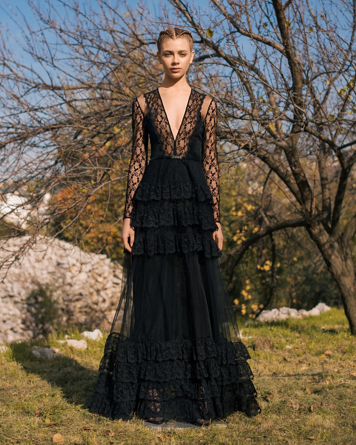 Gorgeous A Line Black Prom Dresses Deep V Neck Illusion Lace Long Sleeve Tiered Skirts Formal Evening Party Dresses