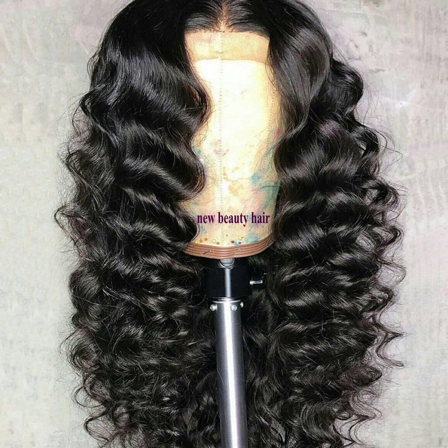 Natural Long Black Deep Wave Synthetic Lace Front Wigs with Baby Hair Heat Resiatnt Glueless Water Wave Wigs for Women Free Parting