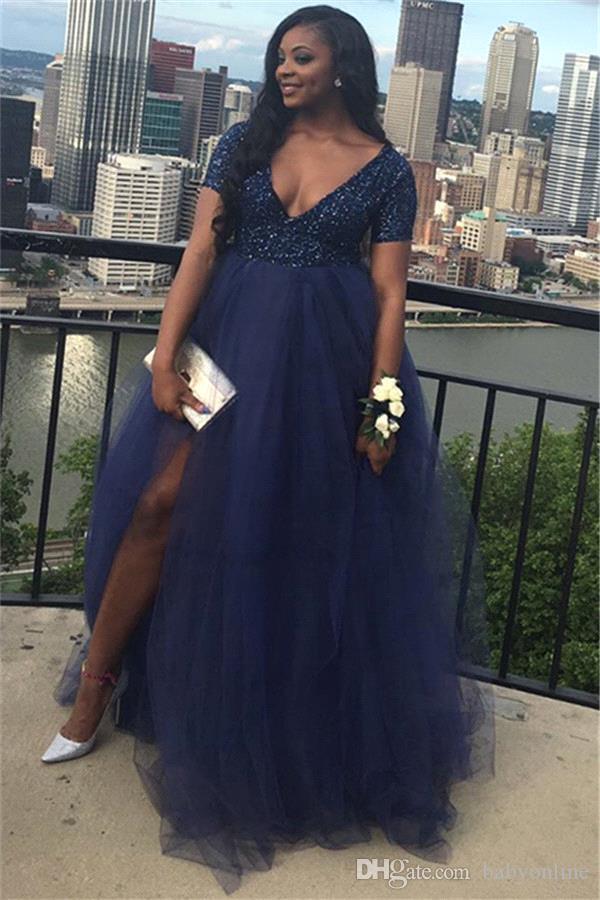 Blue Plus Navy Size Black Girl K Beaded Top Tulle Skirt Split A Line V Neck Evening Gowns Maternity Prom Dresses Vestidos Estidos
