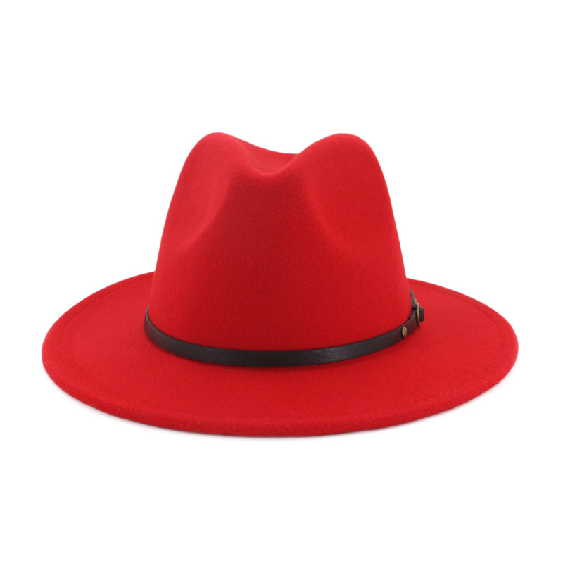 Unisex Flat Brim Wool Felt Fedora Hats with Belt Red Black Patchwork Jazz Formal Hat Panama Cap Trilby Chapeau for Men Women T200118