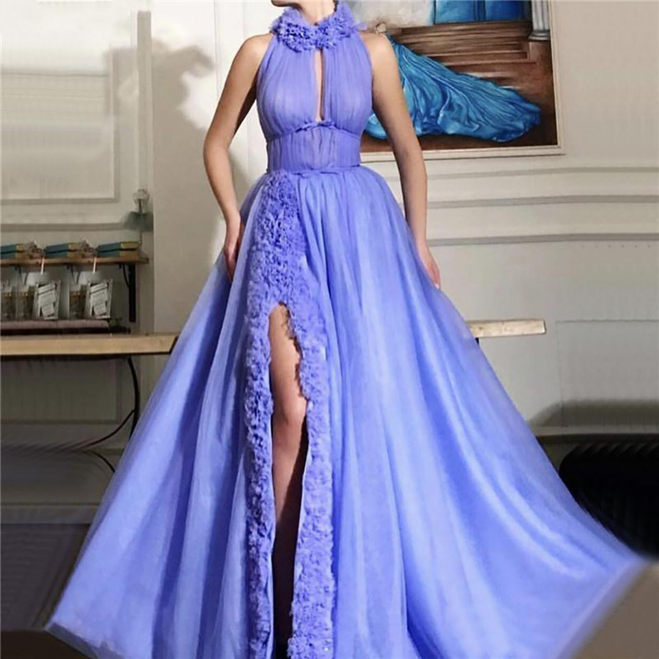 Sexy High Split Evening Dresses A Line Prom Party Wear Ruffles Plus Size Sleeveless Floor Length ED1346