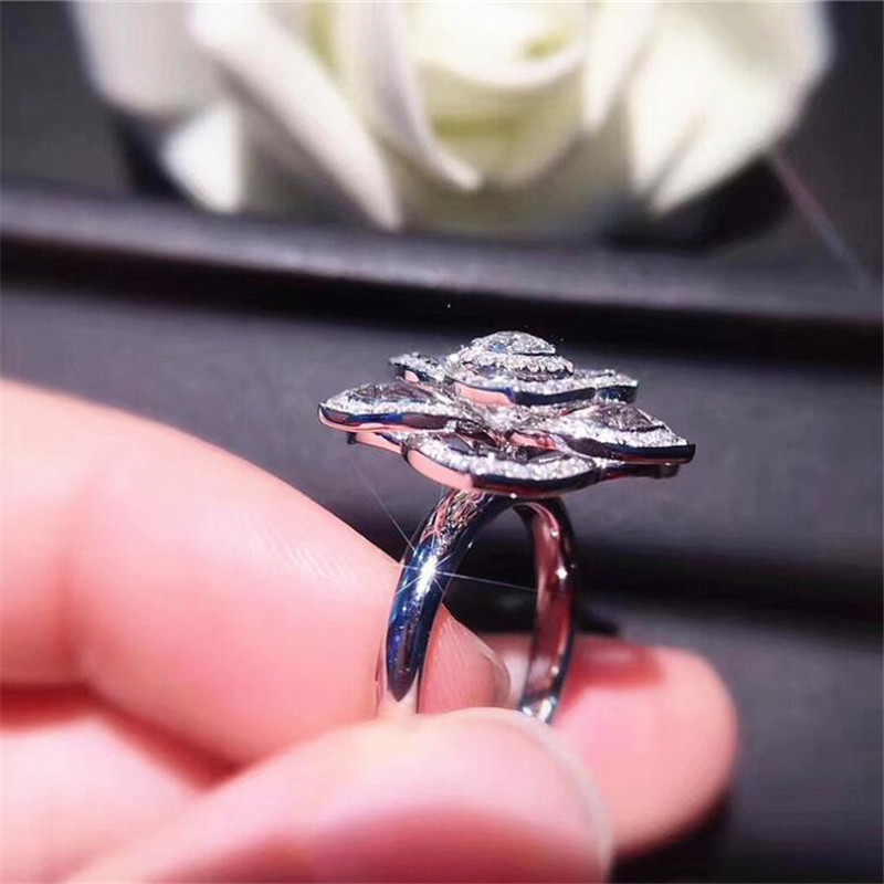 Sparkling Handmade Luxury Jewelry 925 Sterling Silver Round Cut White Topaz CZ Diamond Promise Party Women Wedding Rose Flower Band Ring