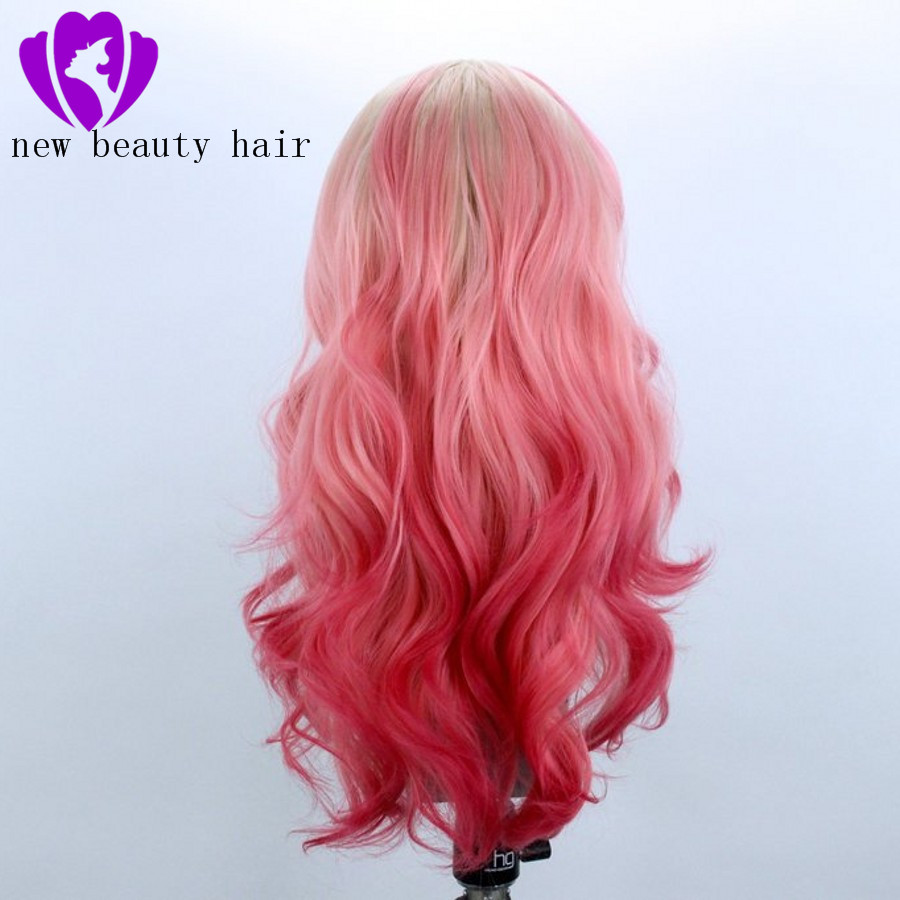 Fashion fast shipping blonde ombre pink side part right long synthetic glueless front lace wig for black woman cosplay hair wig