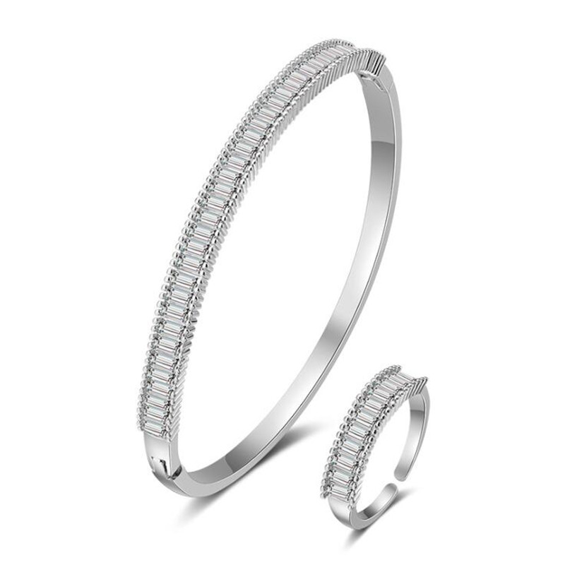 New Sparkling Jewelry Set High Quality 925 Sterling Silver&Gold Fill T Princess Bangle White 3A Cubic Zircon Party Women Wedding Ring Gift