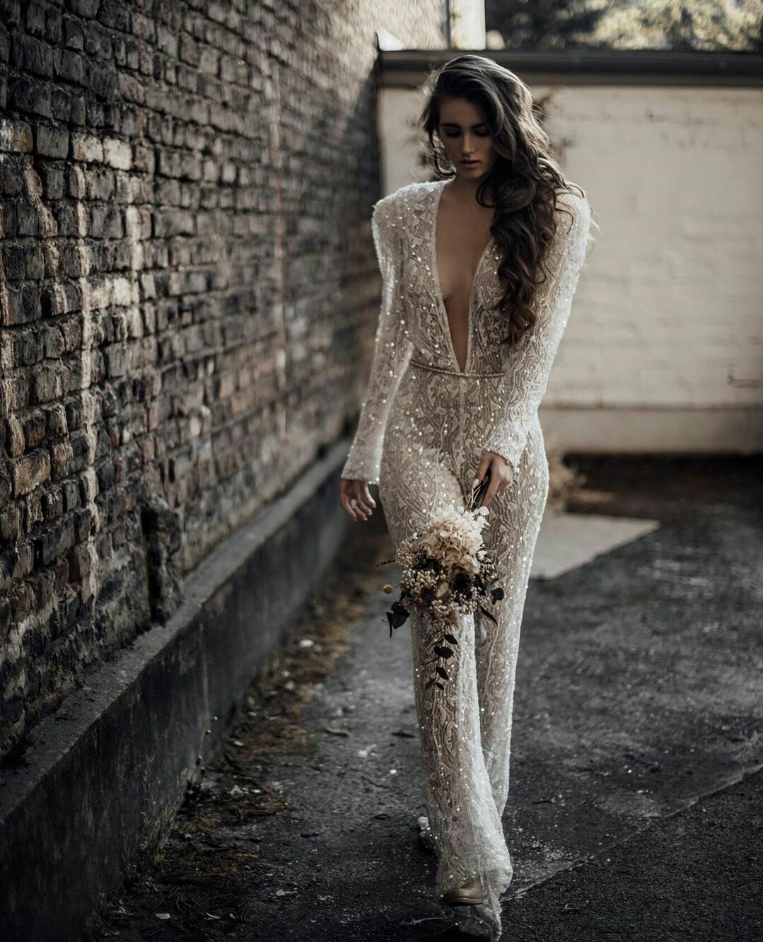 deep v neck dresses long sleeves sequined jumpsuits robes de marie beach lace wedding gowns